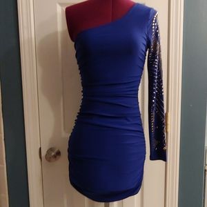 Cobalt blue one shoulder body con dress